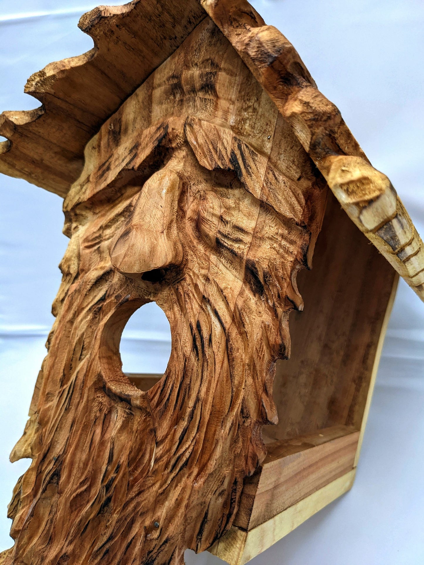 Folk Art Birdhouses and Feeders with Wood Spirit Faces with Round Mouths - Hand Carved Cedar