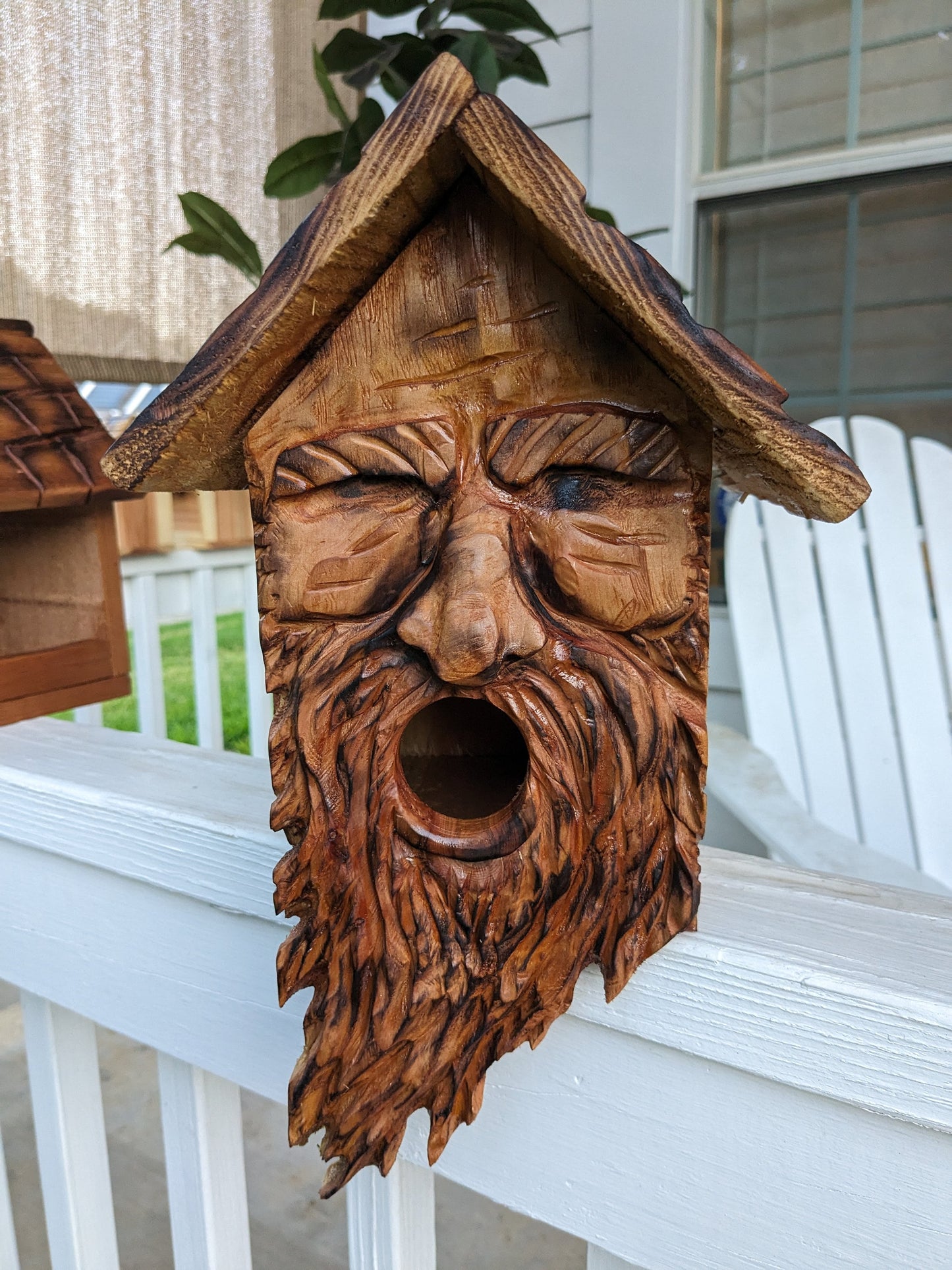 Folk Art Birdhouses and Feeders with Wood Spirit Faces with Round Mouths - Hand Carved Cedar