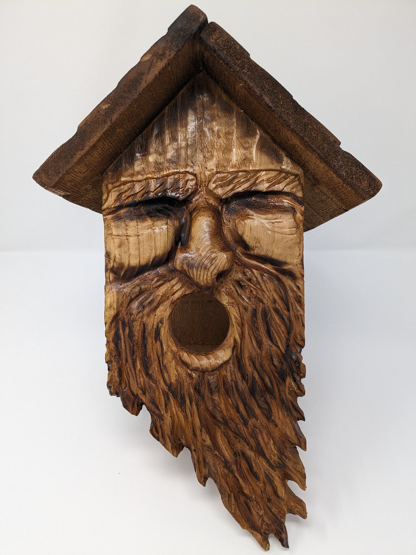 Folk Art Birdhouses and Feeders with Wood Spirit Faces with Round Mouths - Hand Carved Cedar