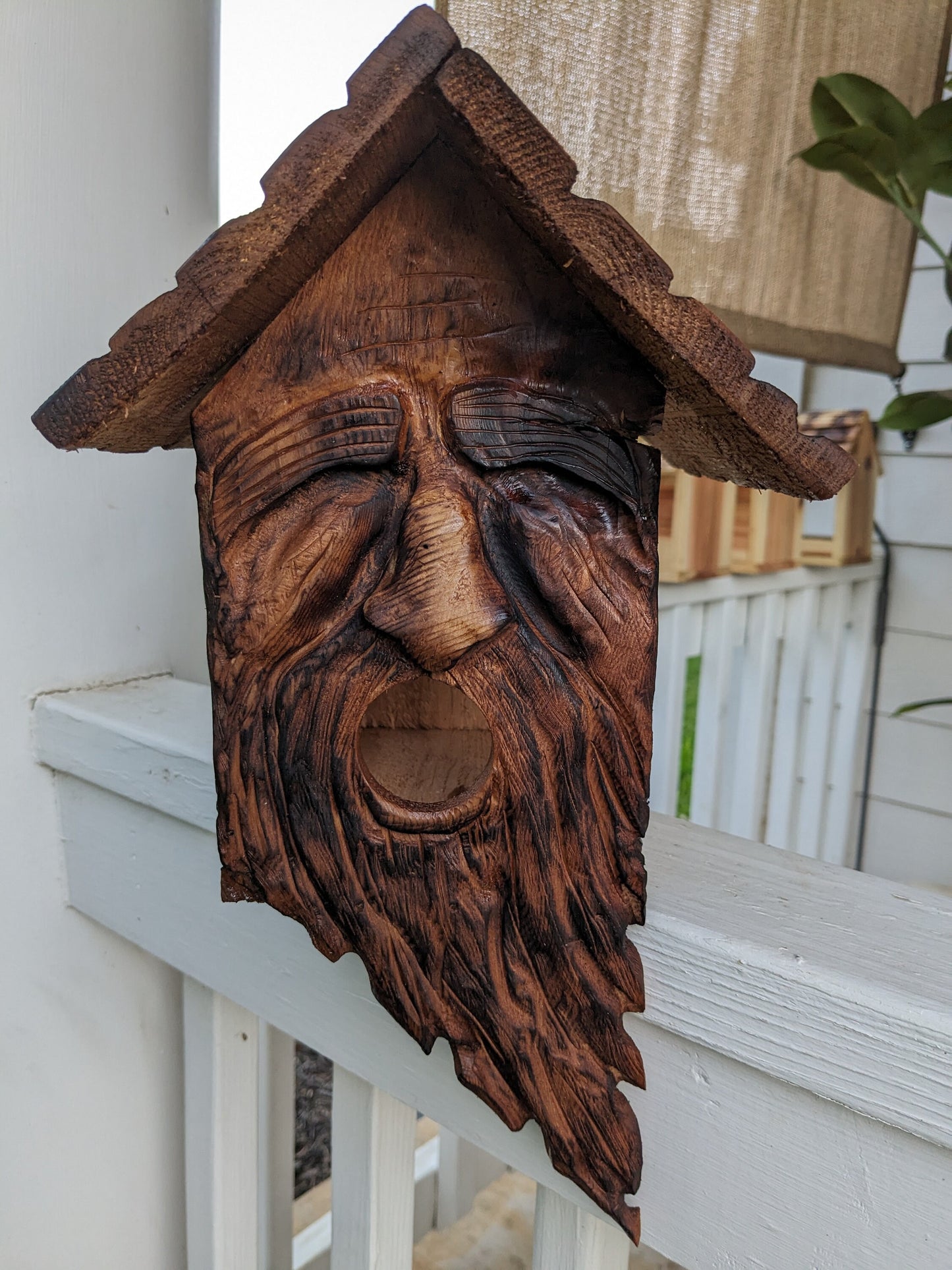Folk Art Birdhouses and Feeders with Wood Spirit Faces with Round Mouths - Hand Carved Cedar
