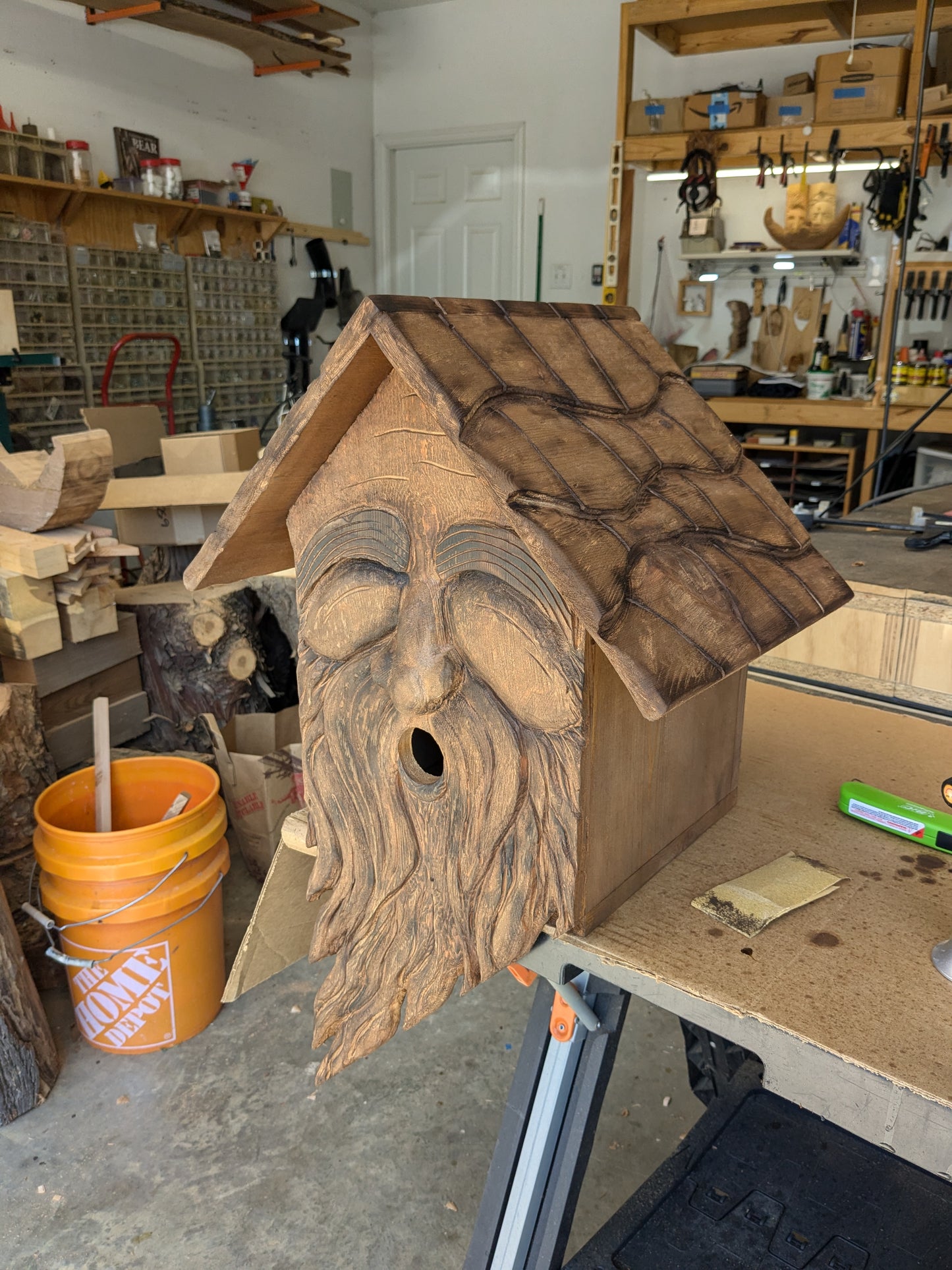 Extra Large Birdhouse with Carved Face