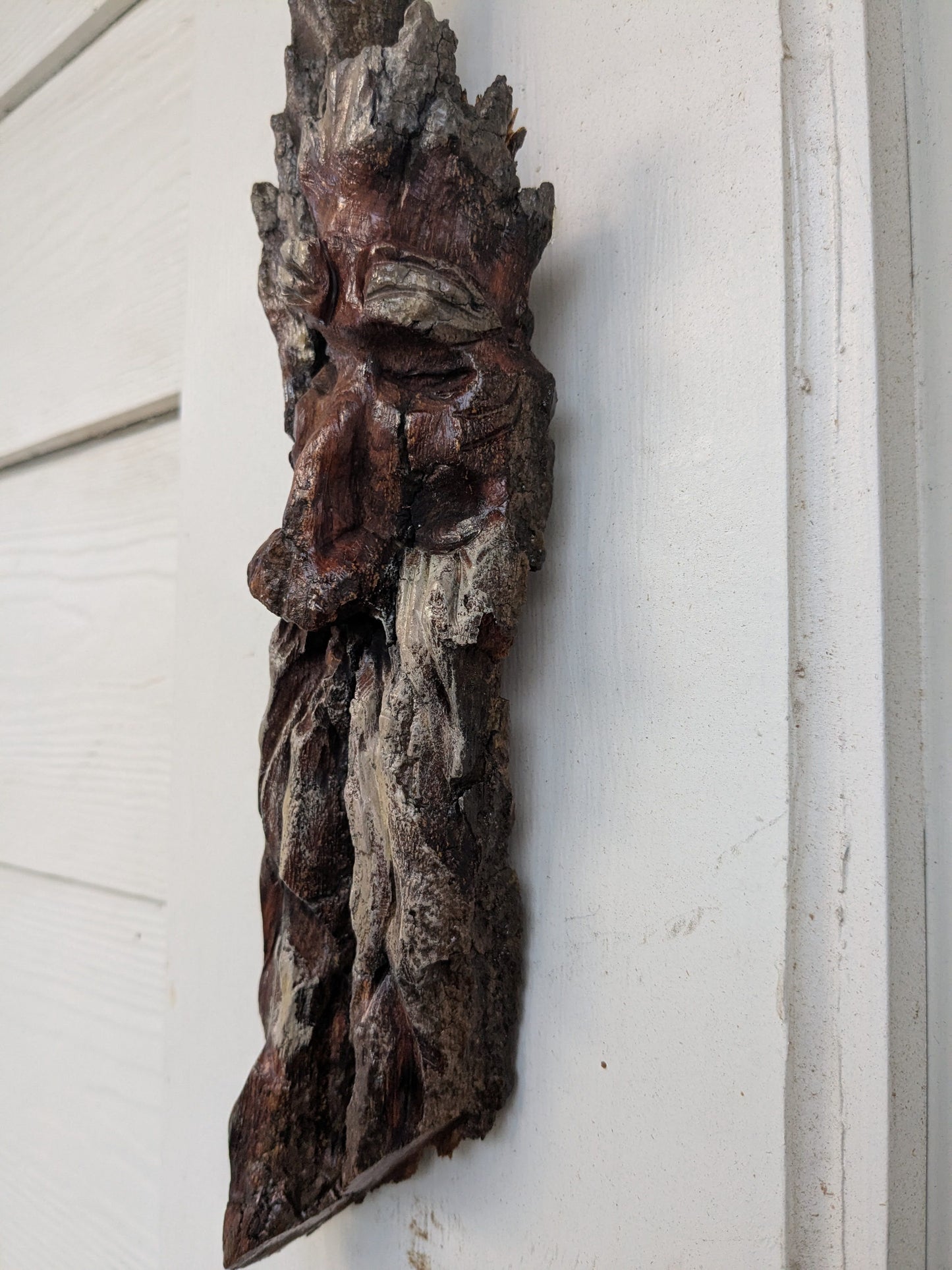 Hand Carved Tree Spirit in Natural Bark - "Restful"