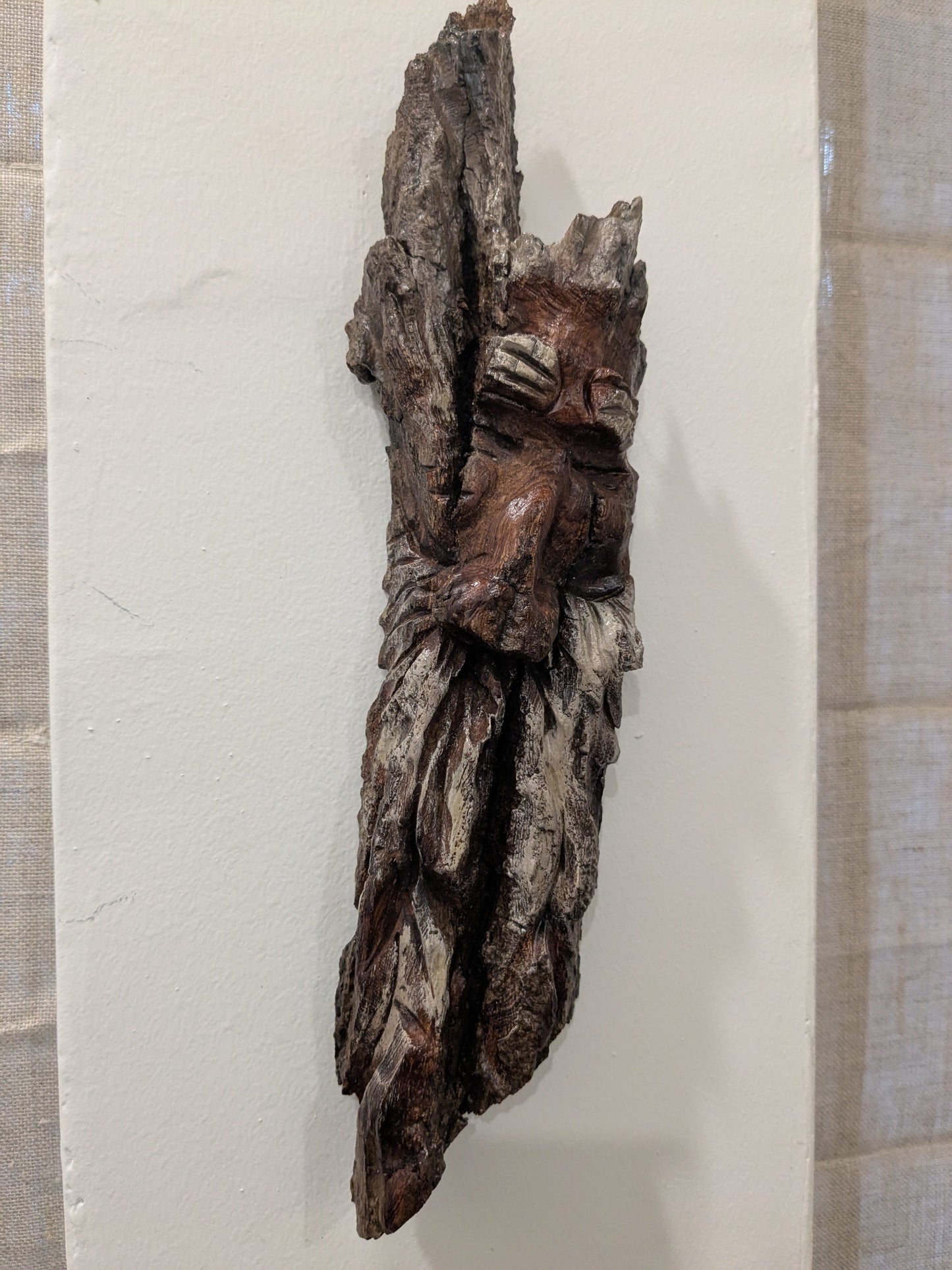 Hand Carved Tree Spirit in Natural Bark - "Restful"