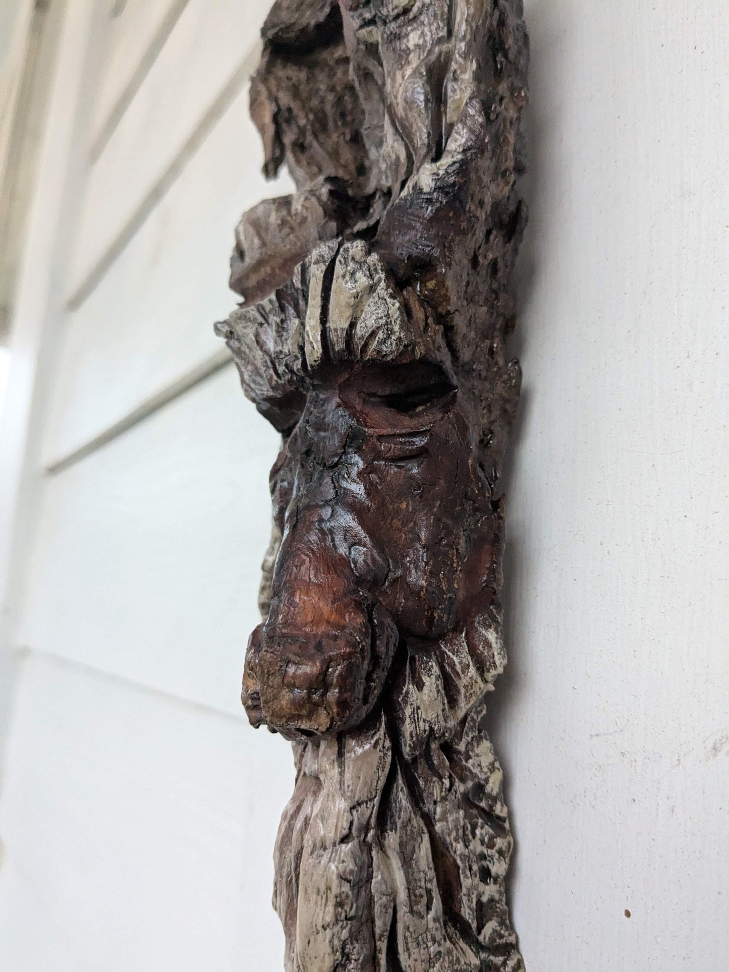 Hand Carved Tree Spirit in Natural Bark - "The Shepherd"