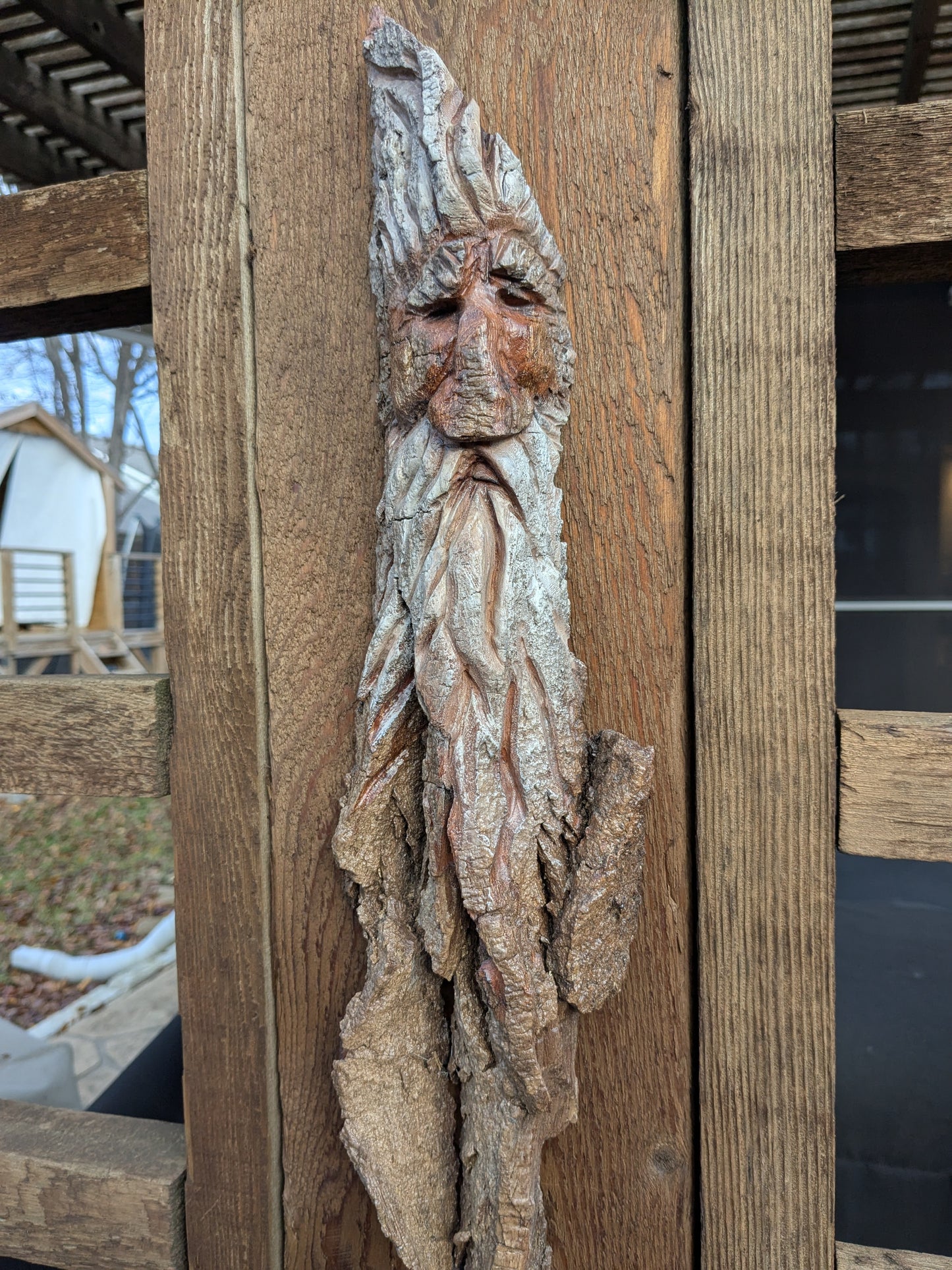 Hand Carved Tree Spirit in Natural Bark - "Wisdom"