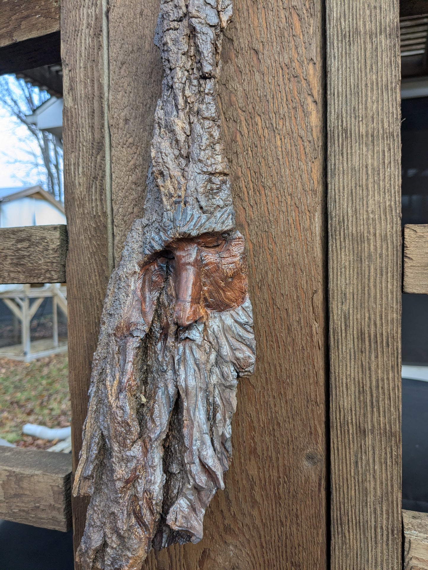 Hand Carved Tree Spirit in Natural Bark - "The Wizard"
