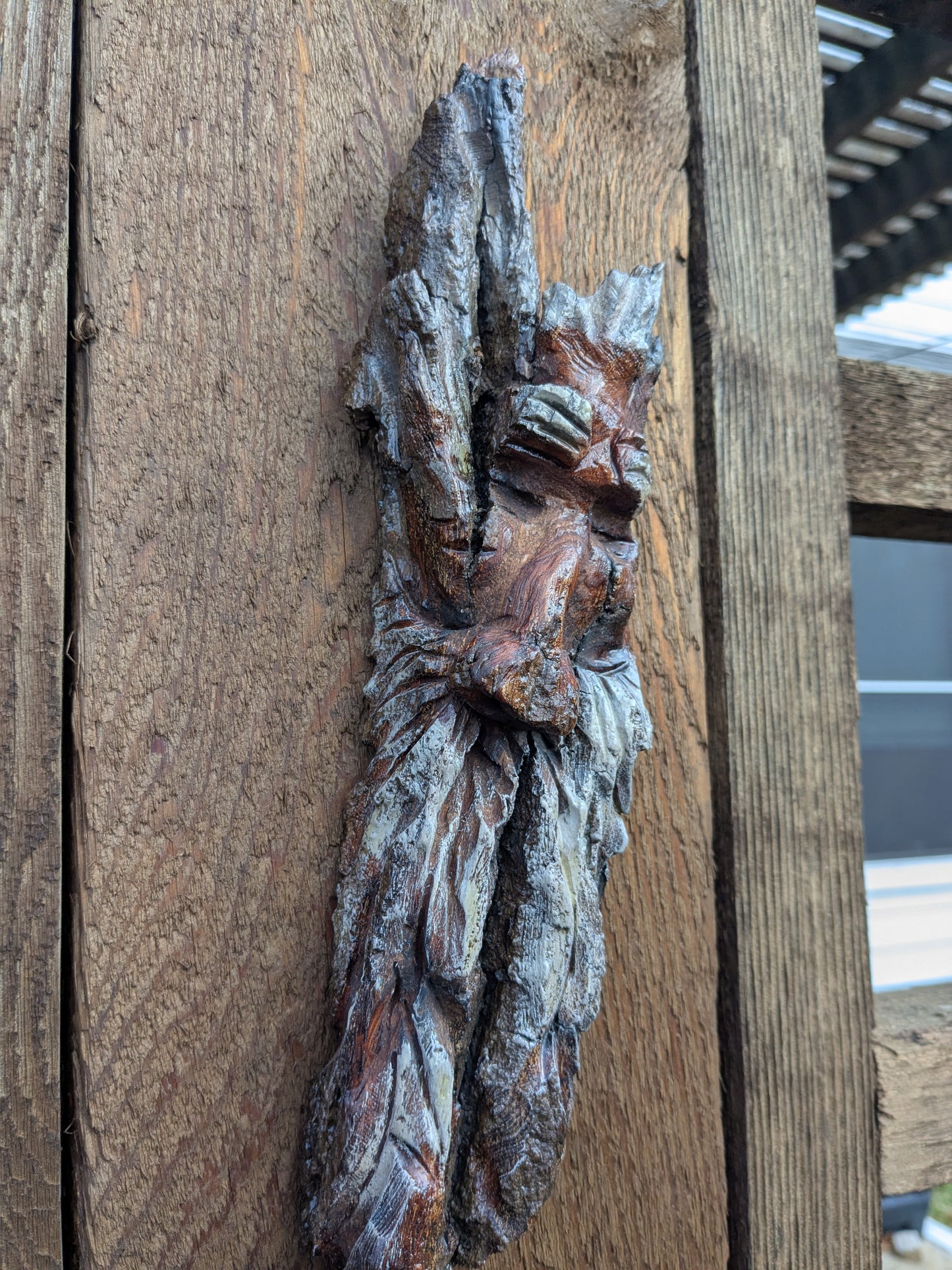 Hand Carved Tree Spirit in Natural Bark - "Restful"