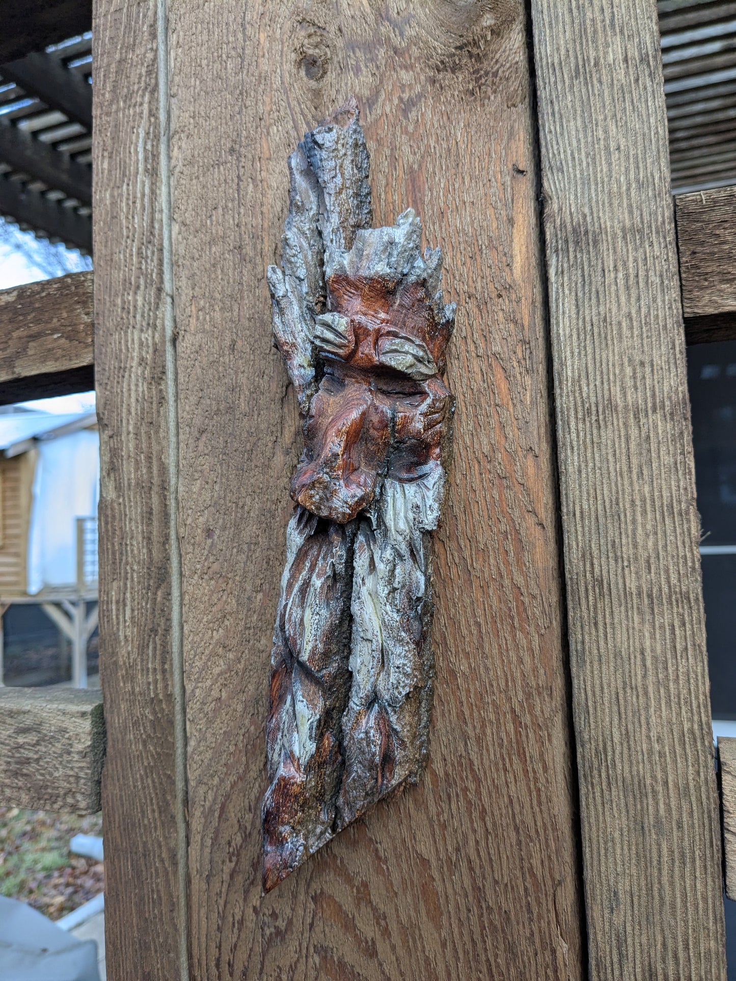 Hand Carved Tree Spirit in Natural Bark - "Restful"