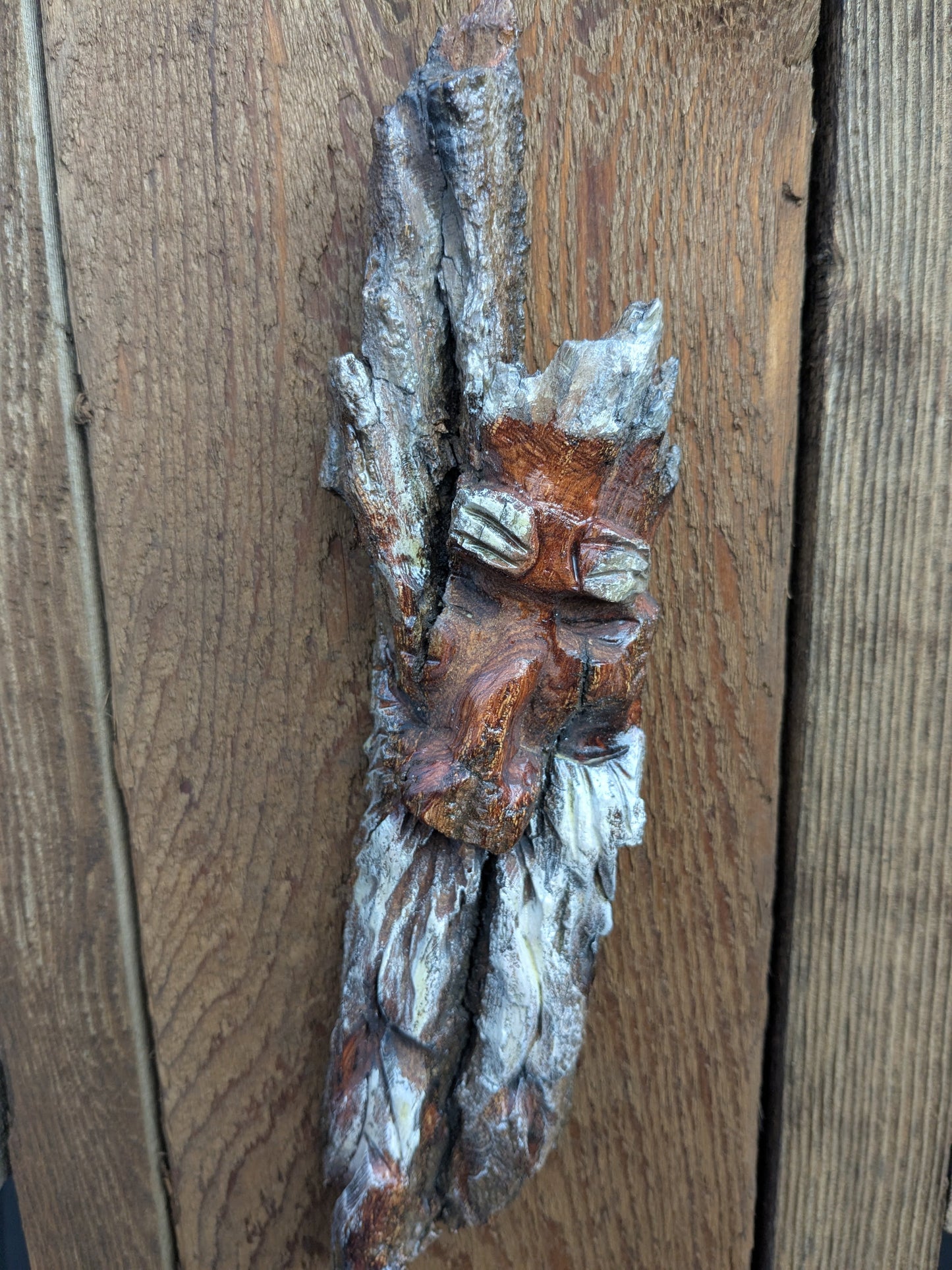 Hand Carved Tree Spirit in Natural Bark - "Restful"