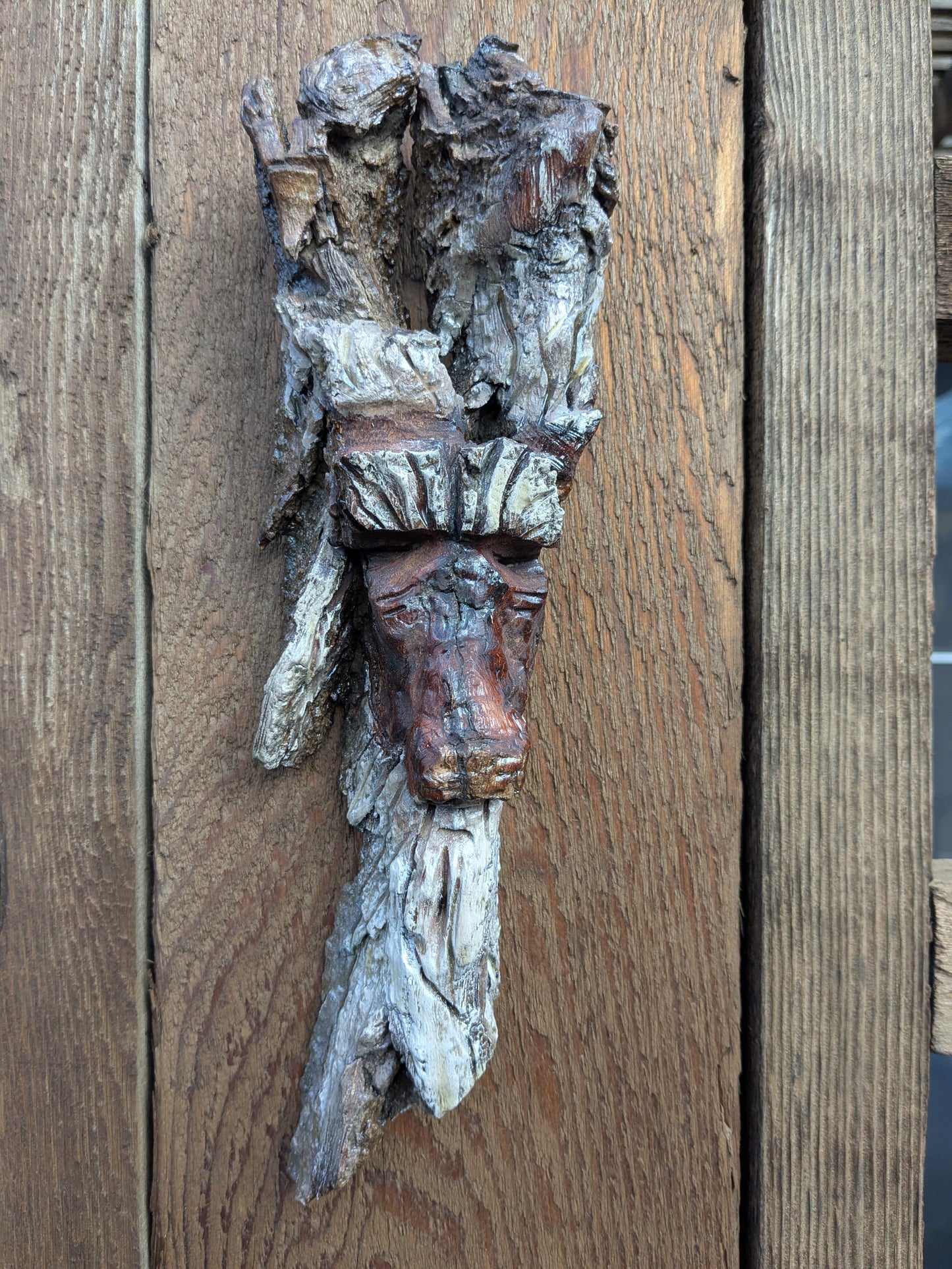 Hand Carved Tree Spirit in Natural Bark - "The Shepherd"