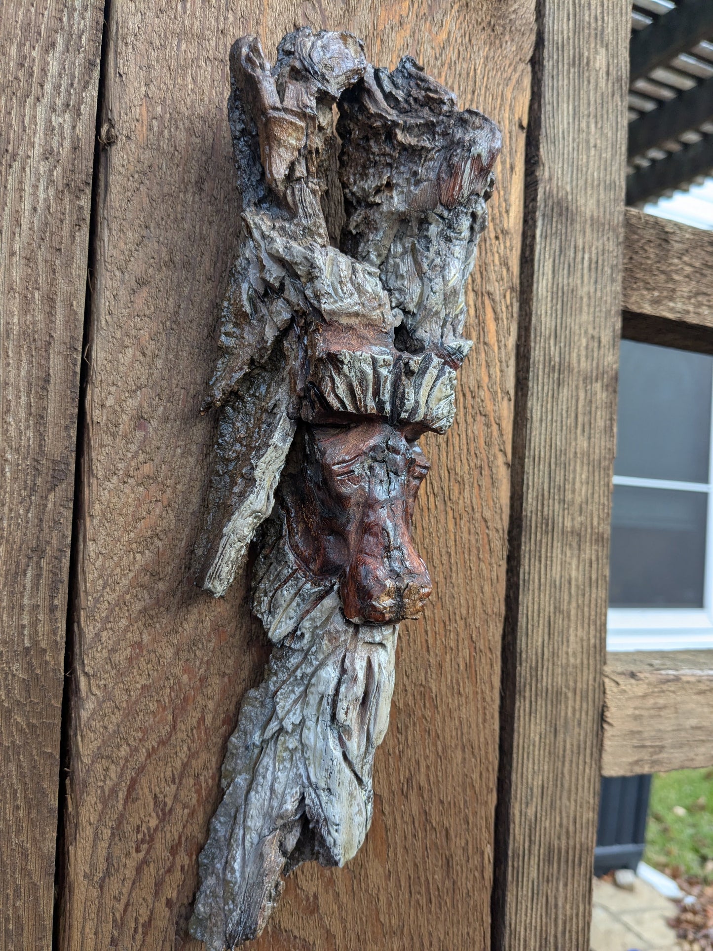 Hand Carved Tree Spirit in Natural Bark - "The Shepherd"