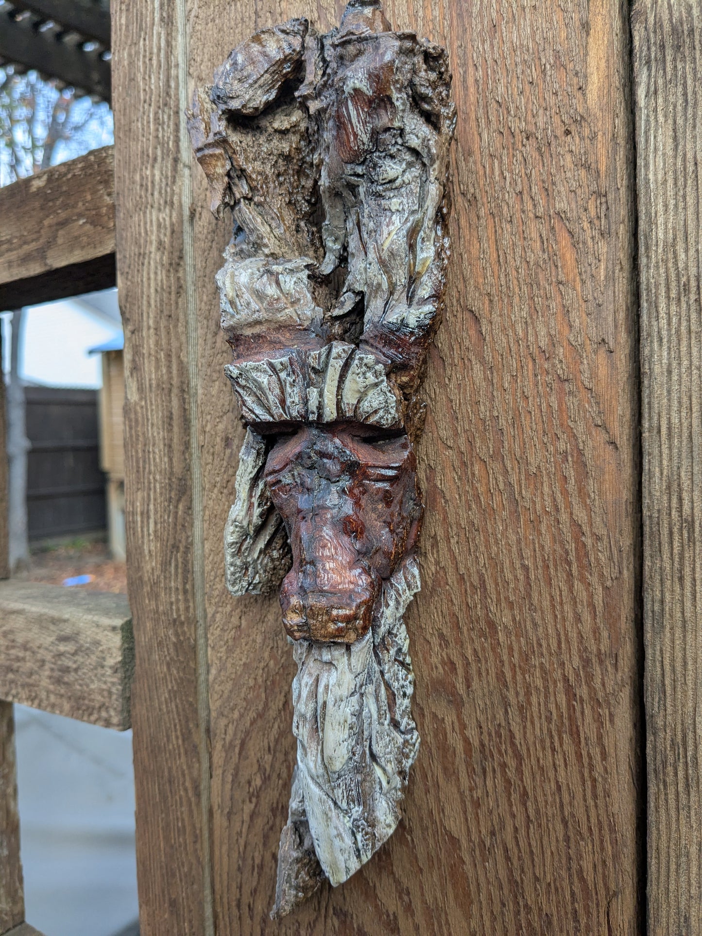 Hand Carved Tree Spirit in Natural Bark - "The Shepherd"