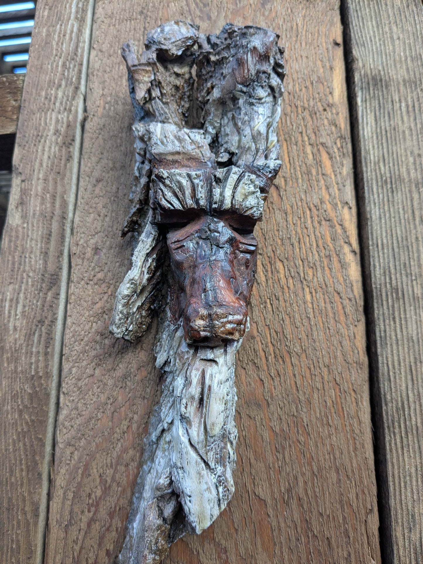 Hand Carved Tree Spirit in Natural Bark - "The Shepherd"