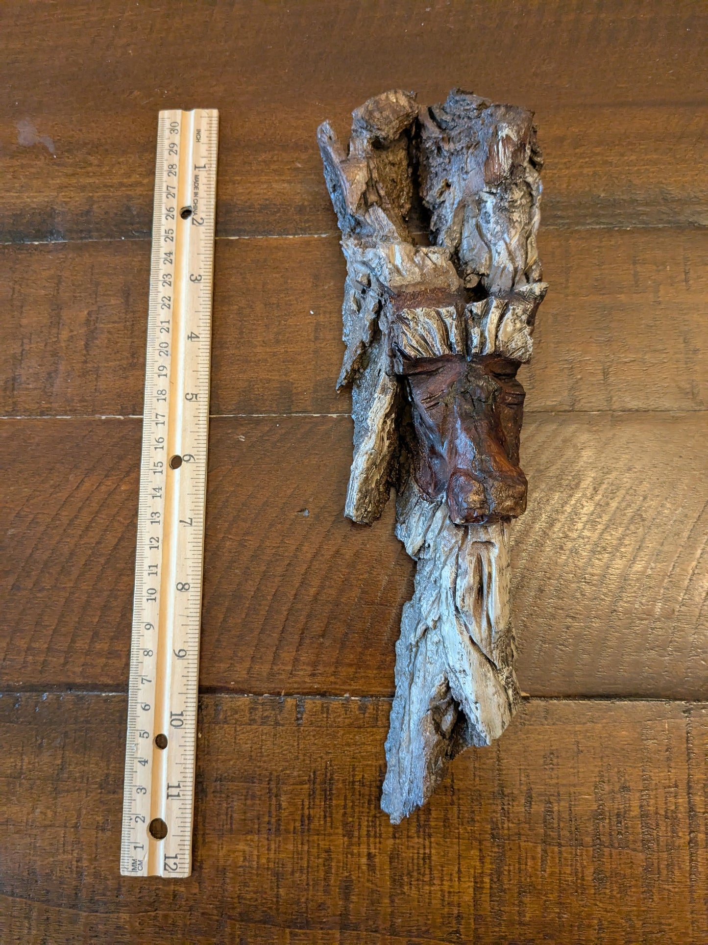 Hand Carved Tree Spirit in Natural Bark - "The Shepherd"