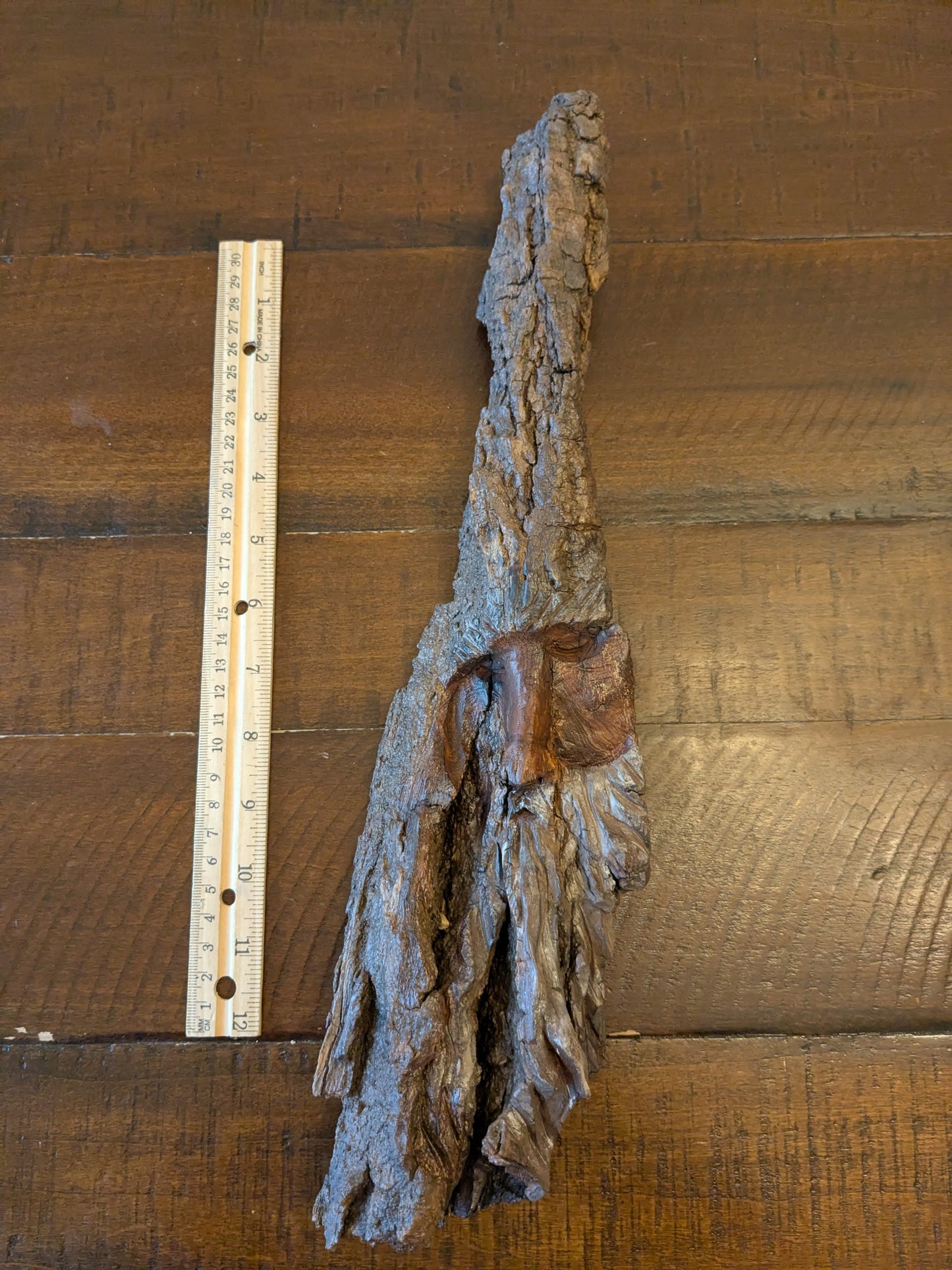 Hand Carved Tree Spirit in Natural Bark - "The Wizard"