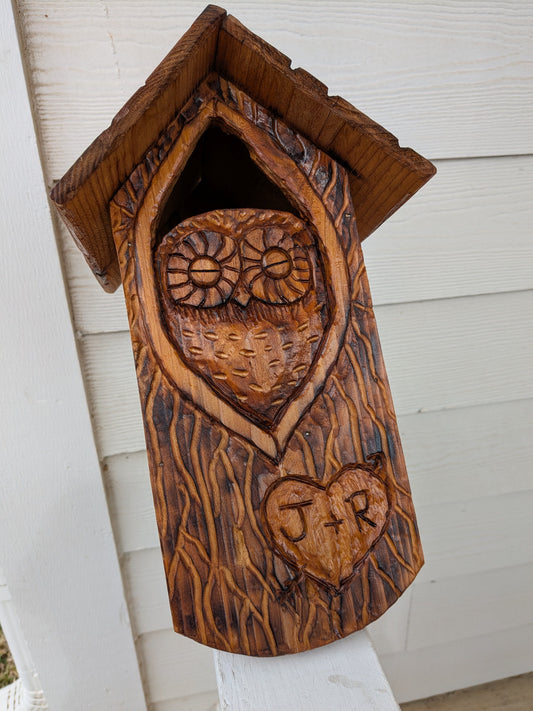 Customized Initials in a Heart for Birdhouses and Feeders with Baby Owls - Hand Carved Cedar