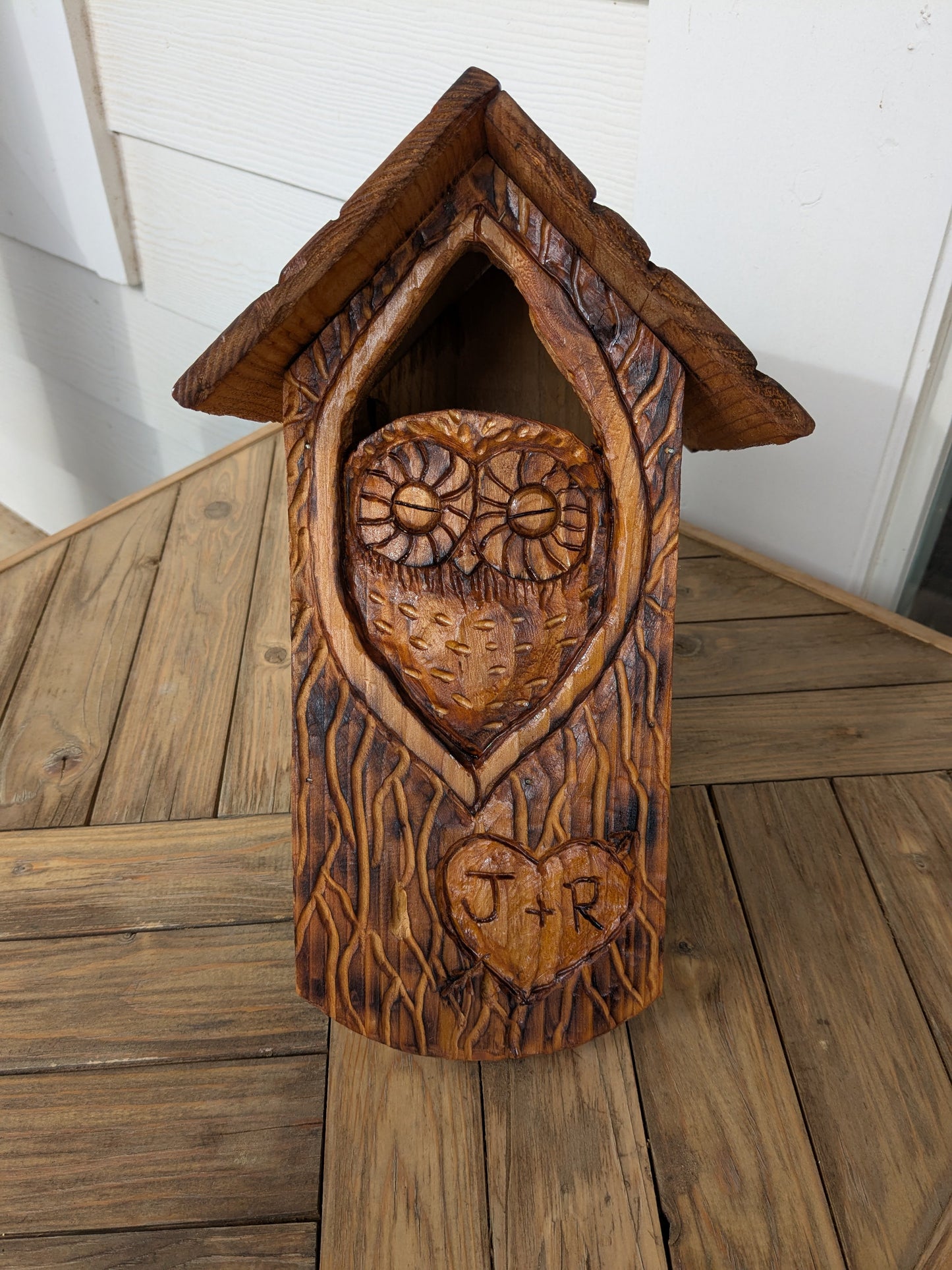 Customized Initials in a Heart for Birdhouses and Feeders with Baby Owls - Hand Carved Cedar