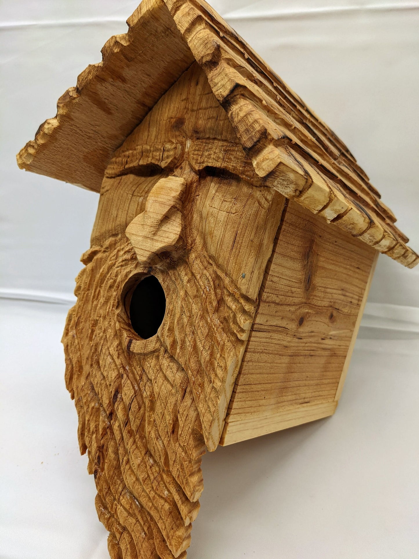 Folk Art Birdhouses and Feeders with Wood Spirit Faces with Round Mouths - Hand Carved Cedar