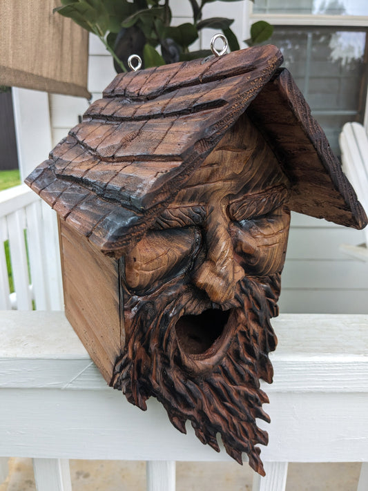 Folk Art Birdhouses with Smiling Wood Spirit Faces - Hand Carved Cedar