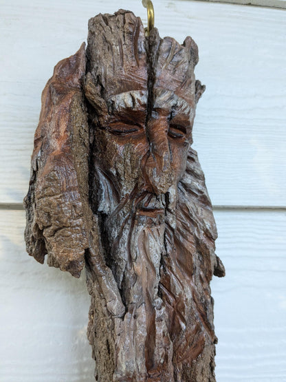 Hand Carved Tree Spirit Faces in Natural Bark for Wall Art