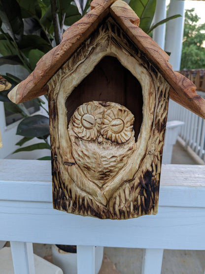 Folk Art Birdhouses and Feeders with Baby Owls - Hand Carved Cedar