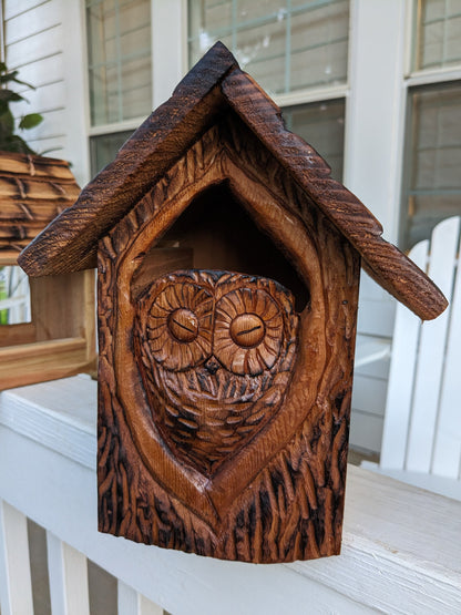 Folk Art Birdhouses and Feeders with Baby Owls - Hand Carved Cedar