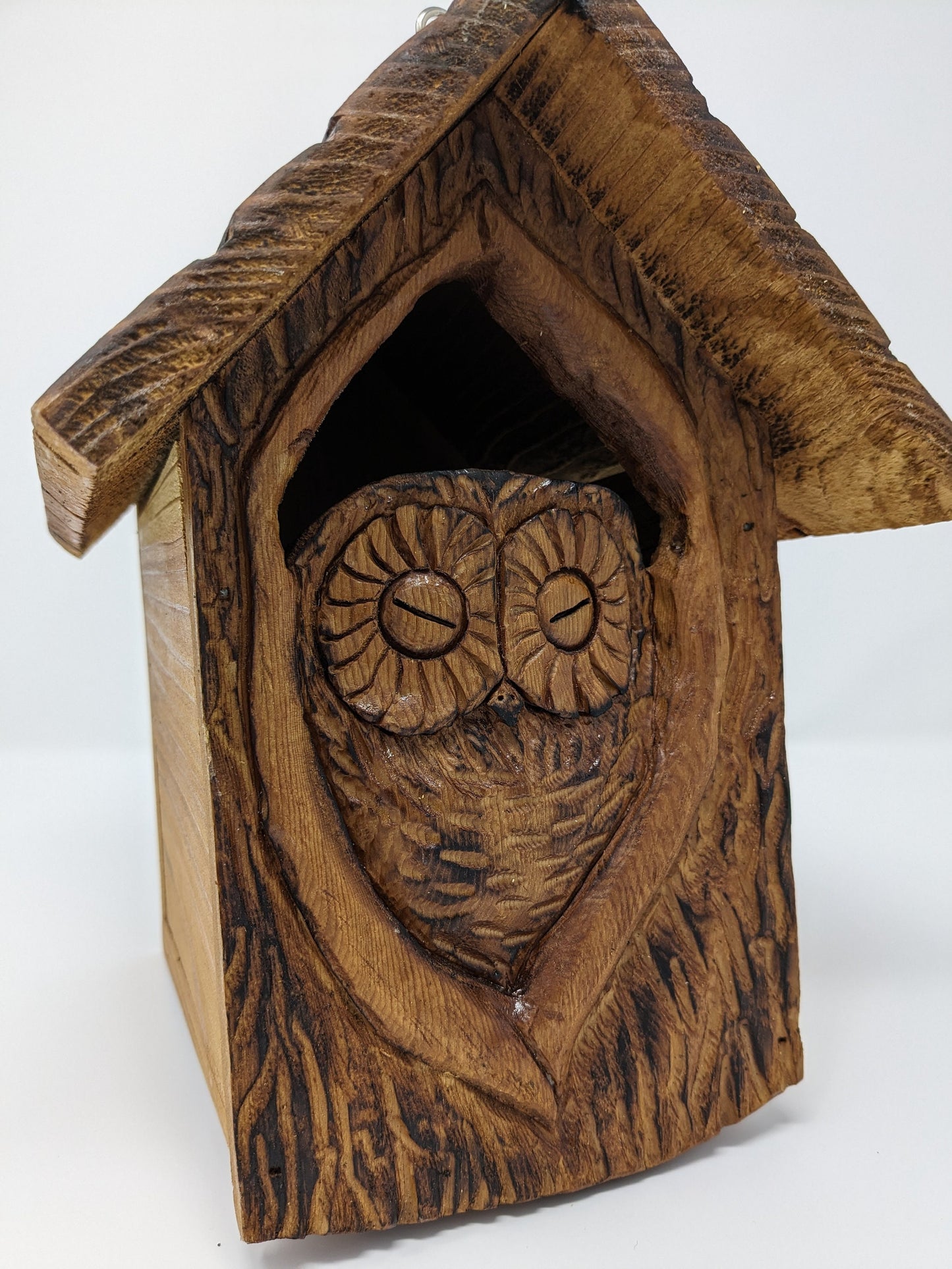 Folk Art Birdhouses and Feeders with Baby Owls - Hand Carved Cedar