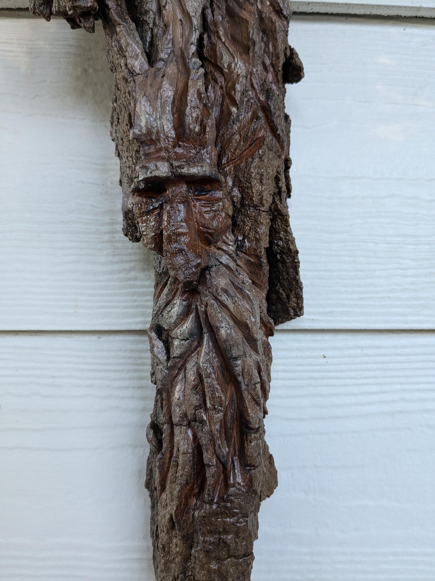 Hand Carved Tree Spirit Faces in Natural Bark for Wall Art