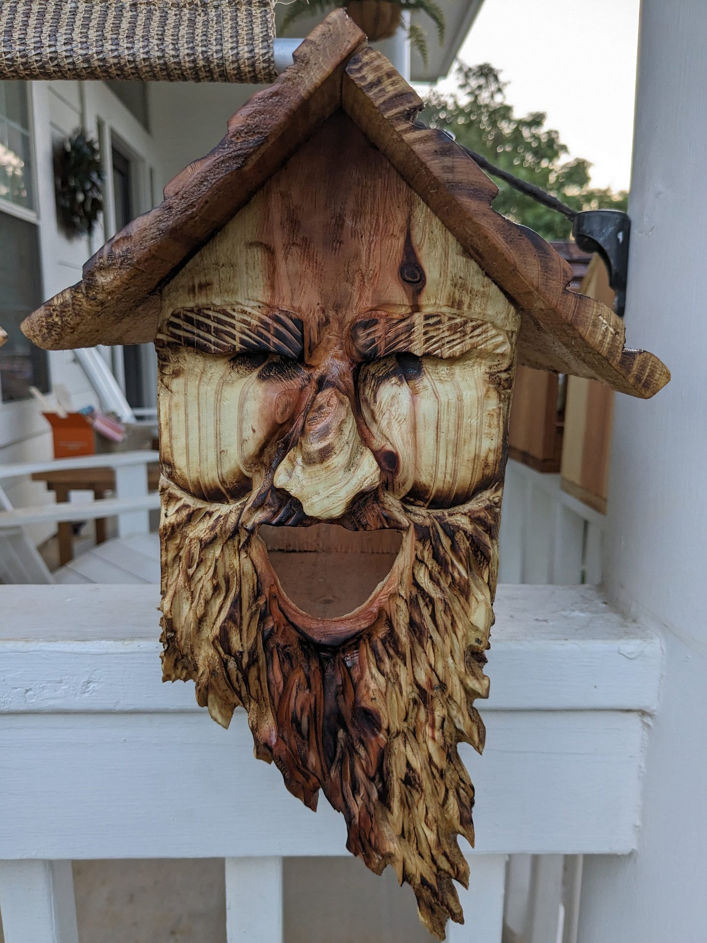 Folk Art Birdhouses with Smiling Wood Spirit Faces - Hand Carved Cedar