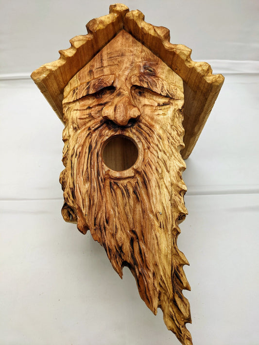 Folk Art Birdhouses and Feeders with Wood Spirit Faces with Round Mouths - Hand Carved Cedar