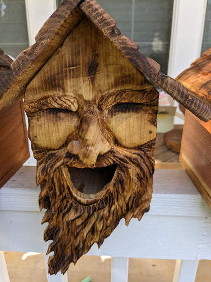 Folk Art Birdhouses with Smiling Wood Spirit Faces - Hand Carved Cedar