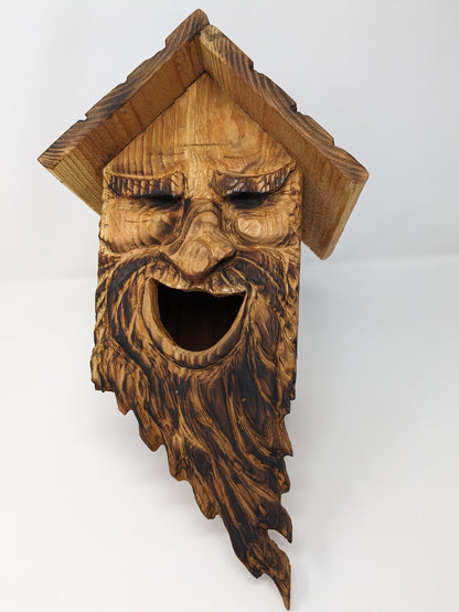 Folk Art Birdhouses with Smiling Wood Spirit Faces - Hand Carved Cedar