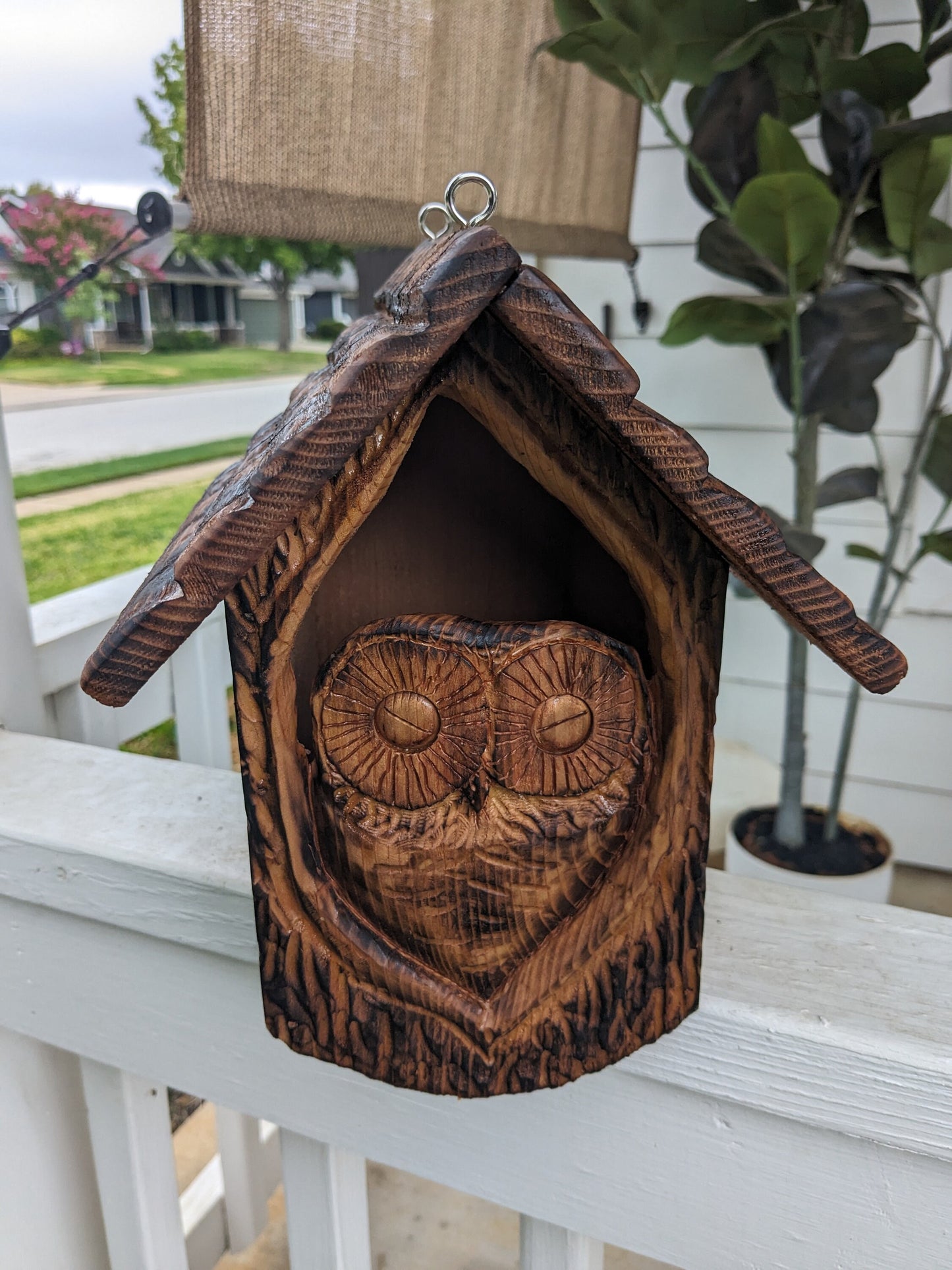 Folk Art Birdhouses and Feeders with Baby Owls - Hand Carved Cedar