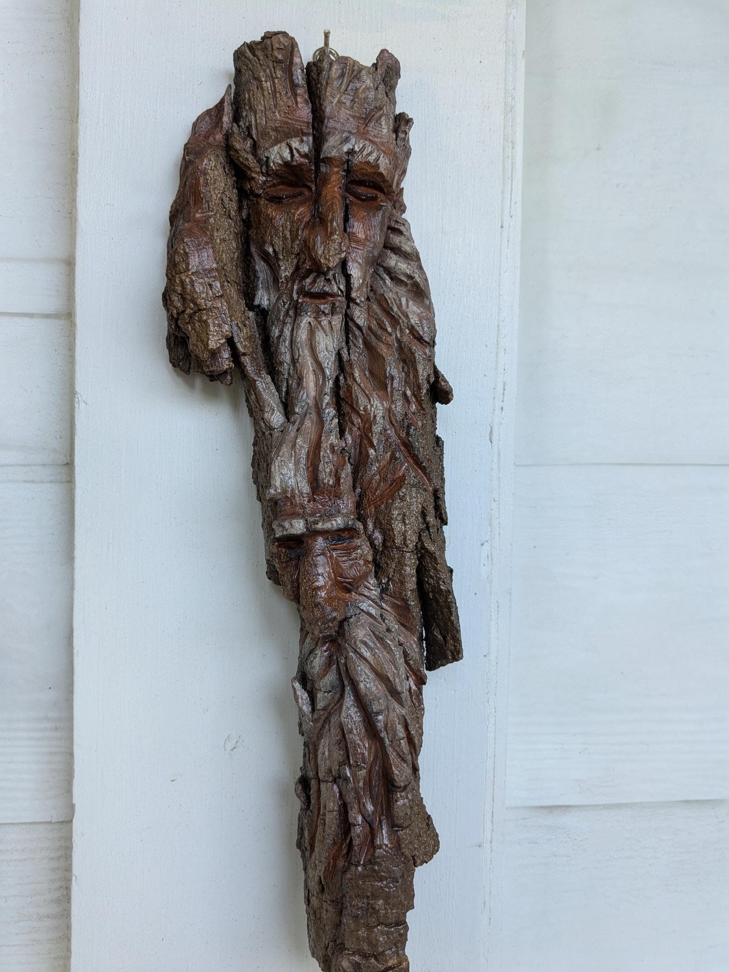 Hand Carved Tree Spirit Faces in Natural Bark for Wall Art