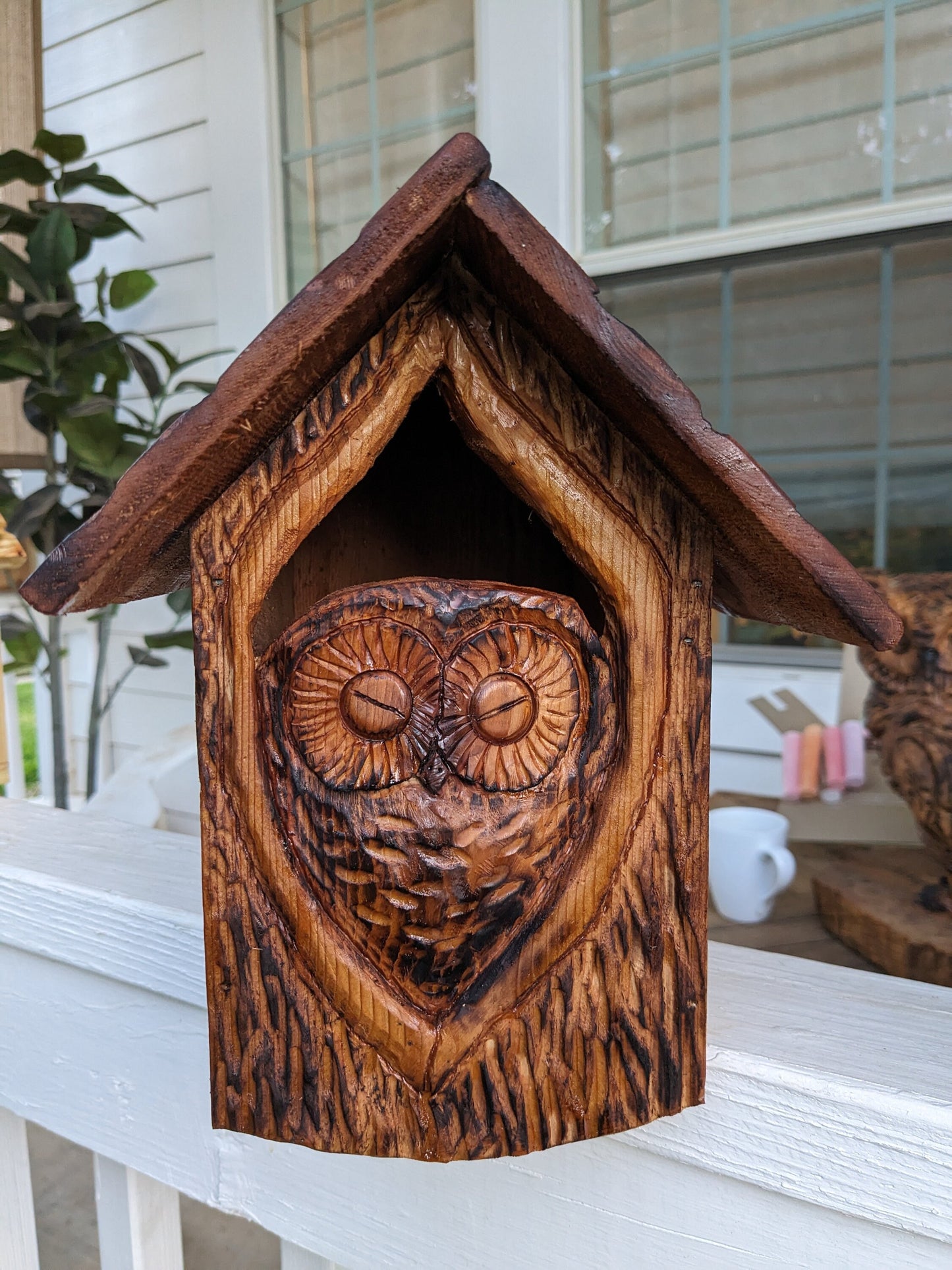 Folk Art Birdhouses and Feeders with Baby Owls - Hand Carved Cedar