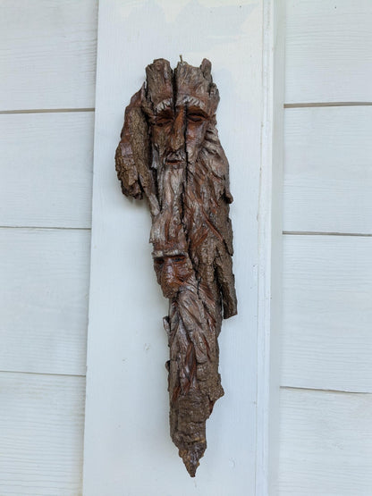 Hand Carved Tree Spirit Faces in Natural Bark for Wall Art