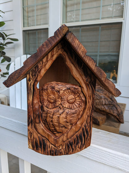 Folk Art Birdhouses and Feeders with Baby Owls - Hand Carved Cedar