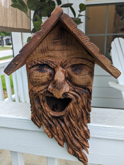 Folk Art Birdhouses with Smiling Wood Spirit Faces - Hand Carved Cedar