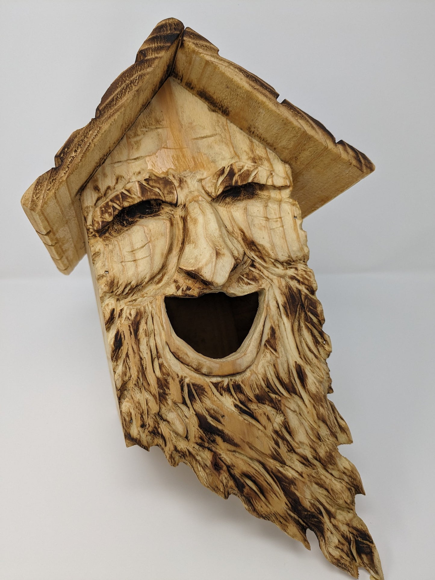 Folk Art Birdhouses with Smiling Wood Spirit Faces - Hand Carved Cedar