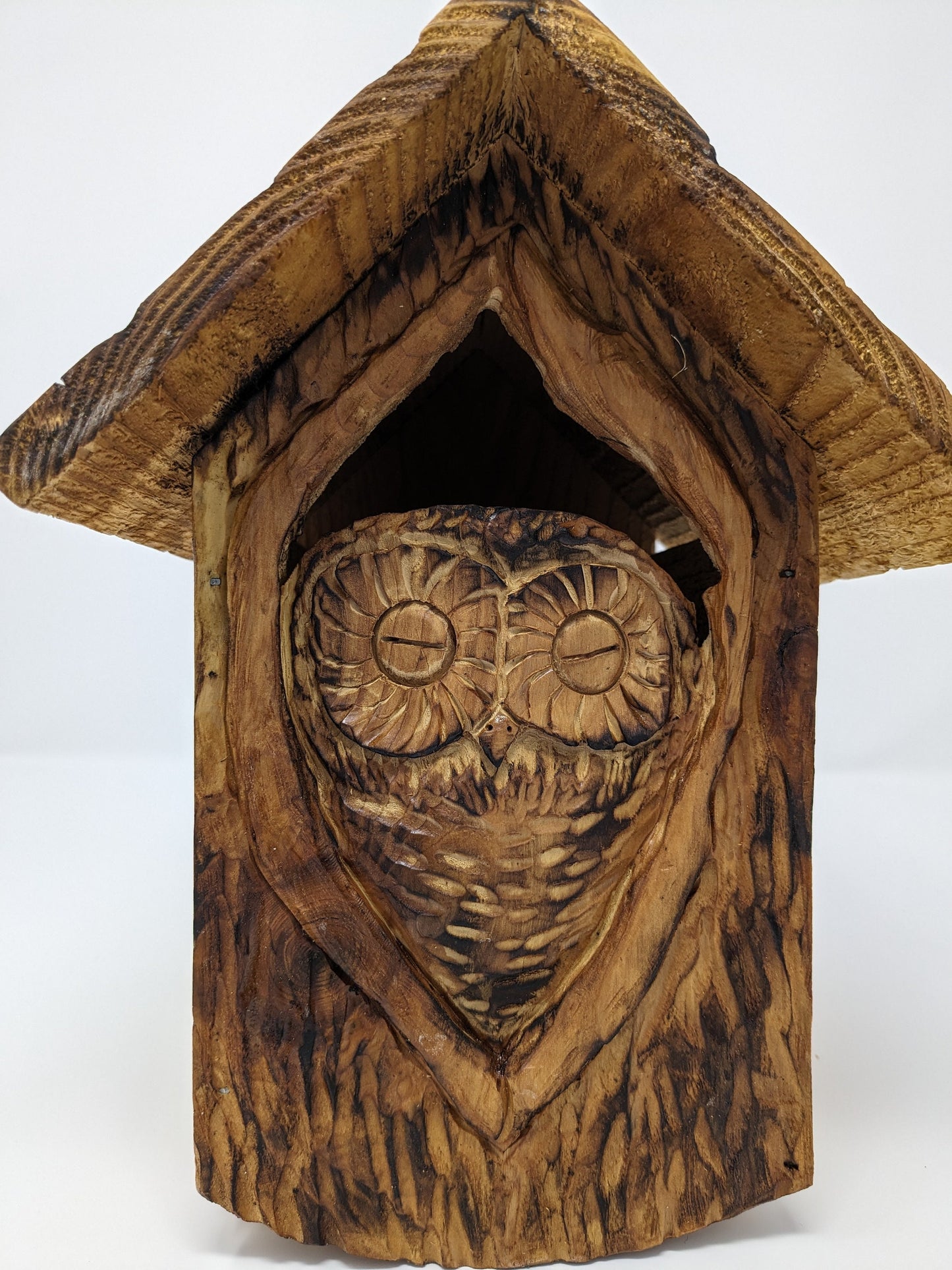 Folk Art Birdhouses and Feeders with Baby Owls - Hand Carved Cedar