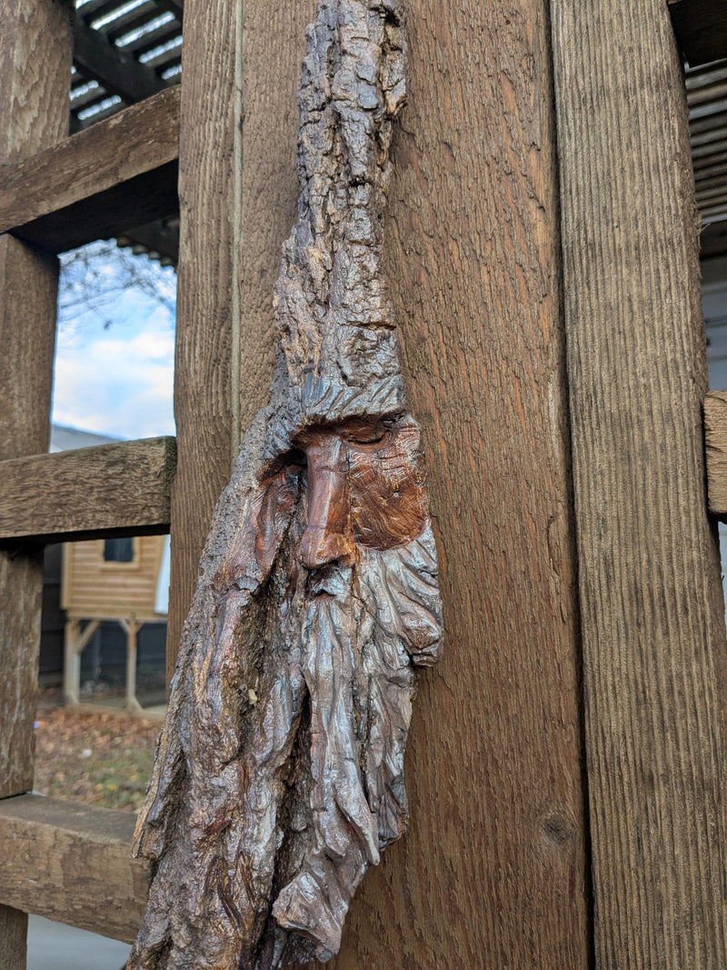 Hand Carved Tree Spirit in Natural Bark - "The Wizard"