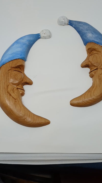 Twin hand carved wooden moons for hanging as wall art in the nursery and kid's rooms