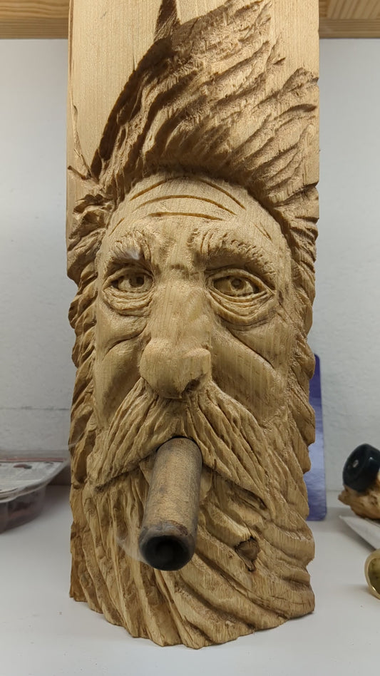 Carved Old Man Smoking Cigar II - Actually Smokes